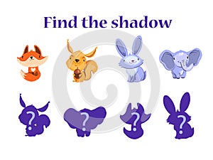 Educational game for kids Ã¢â¬ÅFind the ShadowÃ¢â¬Â with cute baby fox, squirrel, rabbit and elephant.
